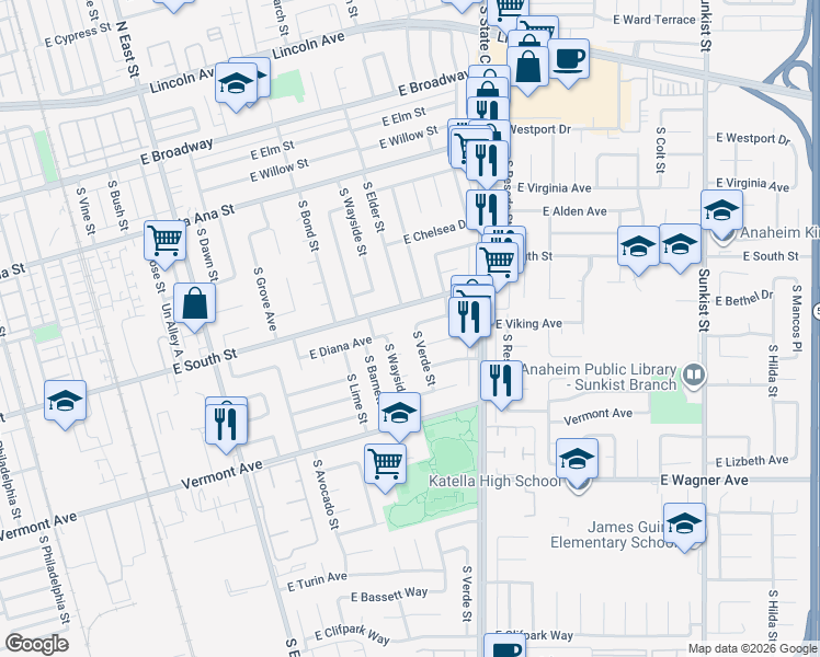 map of restaurants, bars, coffee shops, grocery stores, and more near 725 South Elder Street in Anaheim