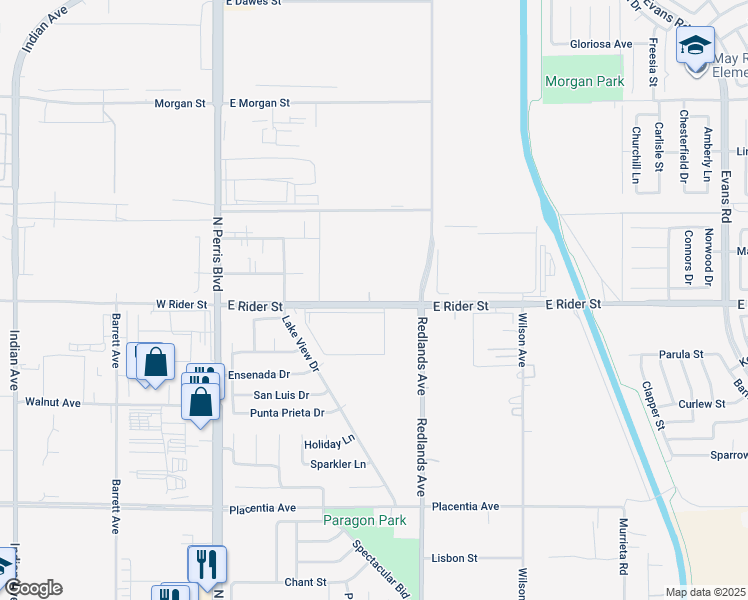 map of restaurants, bars, coffee shops, grocery stores, and more near 450 East Rider Street in Perris
