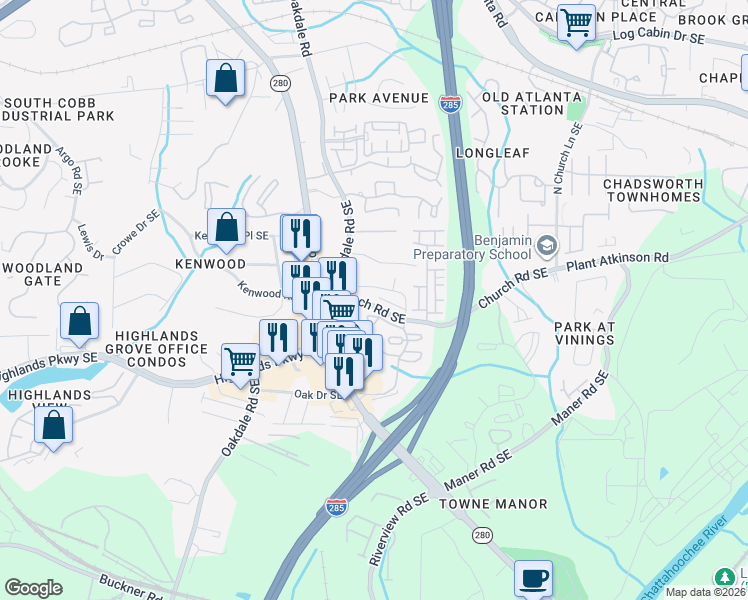 map of restaurants, bars, coffee shops, grocery stores, and more near 2191 Church Road Southeast in Smyrna