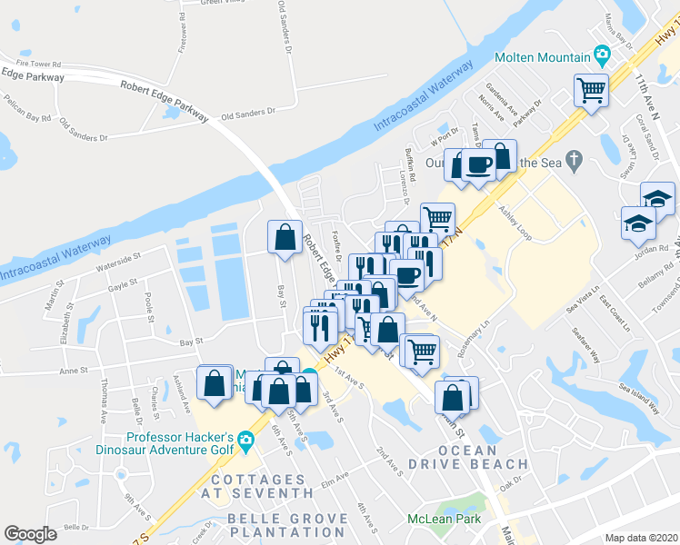 map of restaurants, bars, coffee shops, grocery stores, and more near 913 Foxfire Drive in North Myrtle Beach