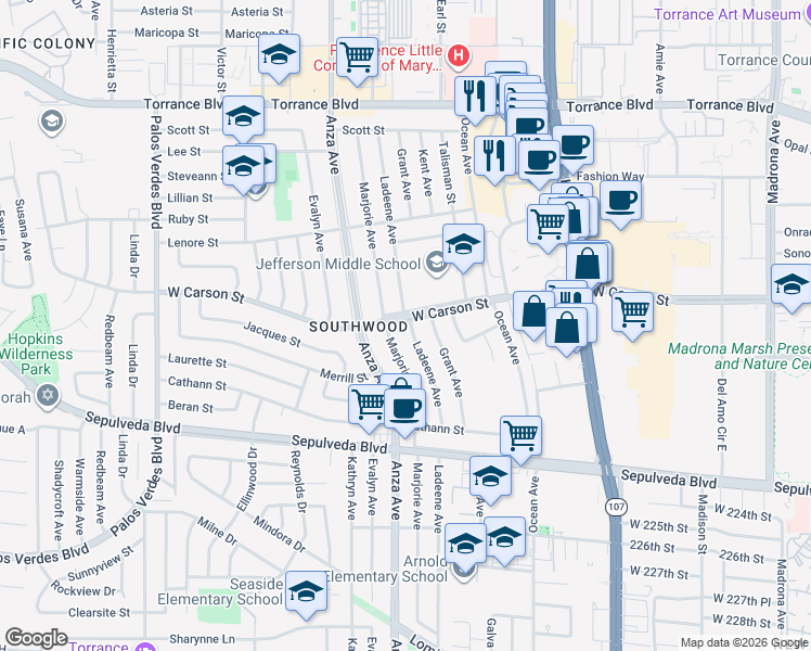 map of restaurants, bars, coffee shops, grocery stores, and more near 21805 Ladeene Avenue in Torrance