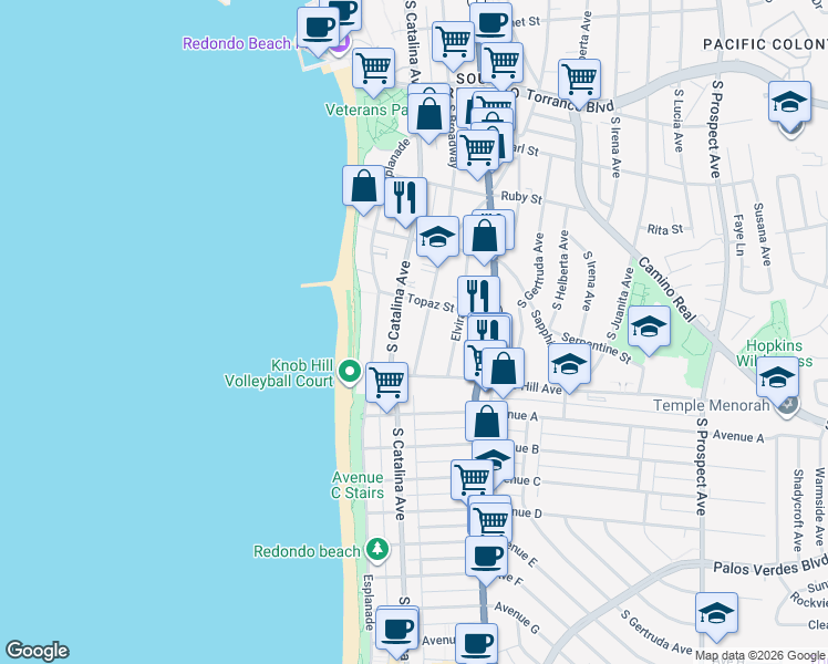 map of restaurants, bars, coffee shops, grocery stores, and more near 713 South Broadway in Redondo Beach