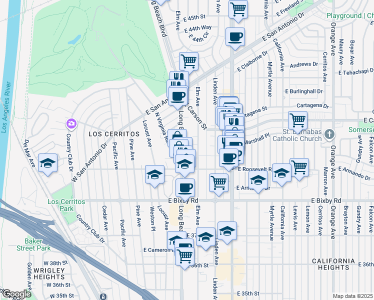 map of restaurants, bars, coffee shops, grocery stores, and more near 4001 Long Beach Boulevard in Long Beach