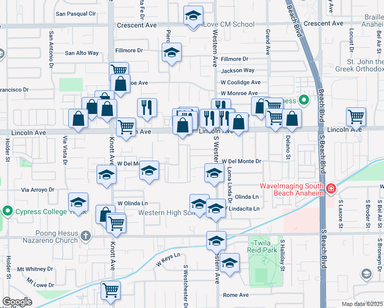 map of restaurants, bars, coffee shops, grocery stores, and more near 3266 West Lincoln Avenue in Anaheim