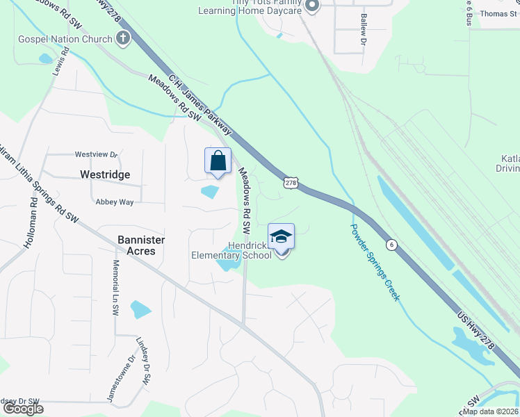 map of restaurants, bars, coffee shops, grocery stores, and more near 7125 Weatherford Drive Southwest in Powder Springs