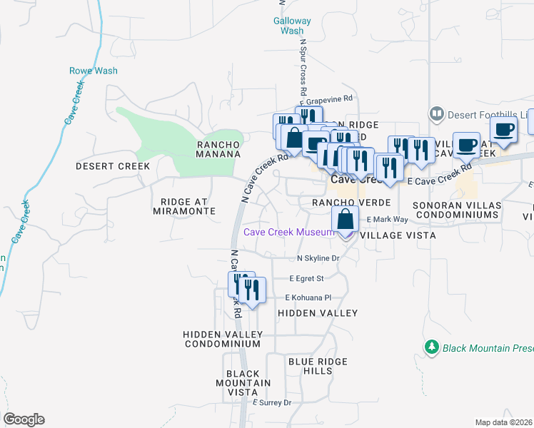map of restaurants, bars, coffee shops, grocery stores, and more near 6028 East Rancho Manana Boulevard in Cave Creek