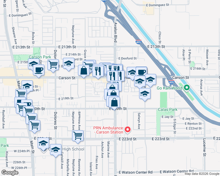 map of restaurants, bars, coffee shops, grocery stores, and more near 21703 North Avalon Boulevard in Carson
