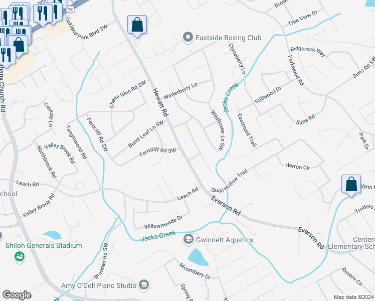 map of restaurants, bars, coffee shops, grocery stores, and more near 2624 Hewatt Road in Snellville
