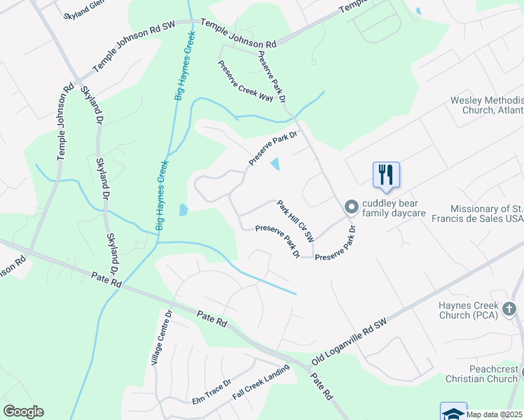 map of restaurants, bars, coffee shops, grocery stores, and more near 3525 Park Hill Circle Southwest in Loganville