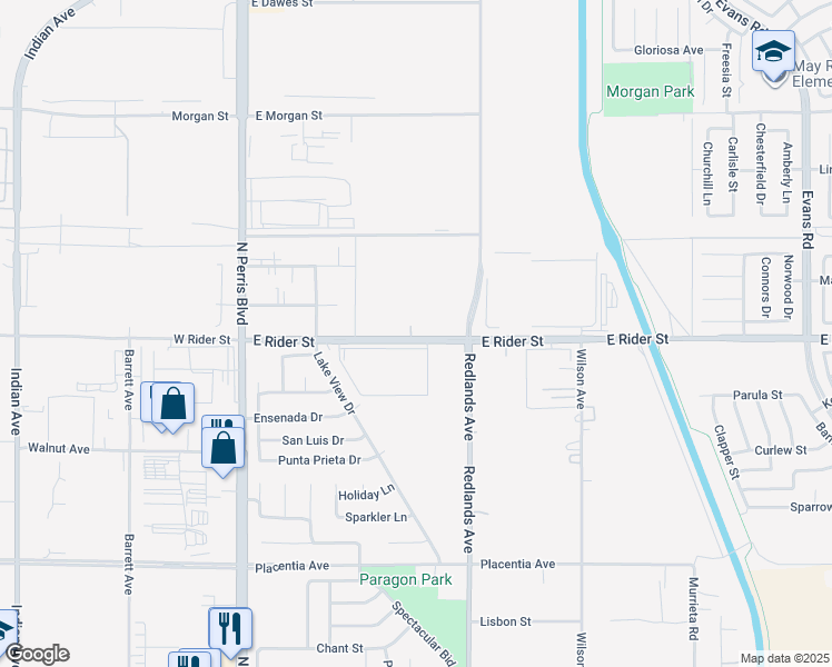 map of restaurants, bars, coffee shops, grocery stores, and more near 450 East Rider Street in Perris