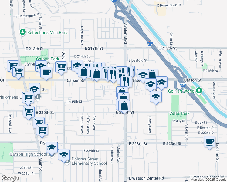 map of restaurants, bars, coffee shops, grocery stores, and more near 644 Colorado Circle in Carson