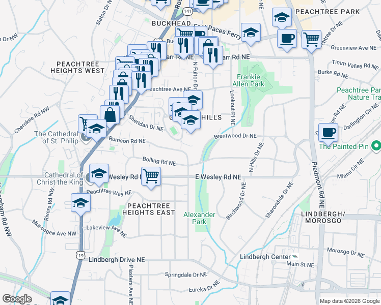 map of restaurants, bars, coffee shops, grocery stores, and more near 272 Rumson Road Northeast in Atlanta