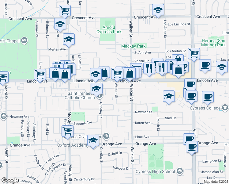 map of restaurants, bars, coffee shops, grocery stores, and more near 5341 Bishop Street in Cypress