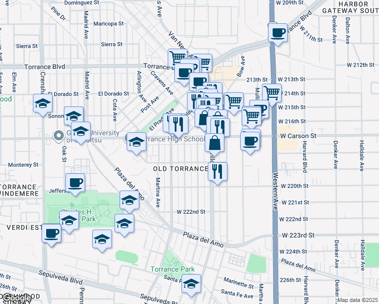 map of restaurants, bars, coffee shops, grocery stores, and more near 1736 Gramercy Avenue in Torrance