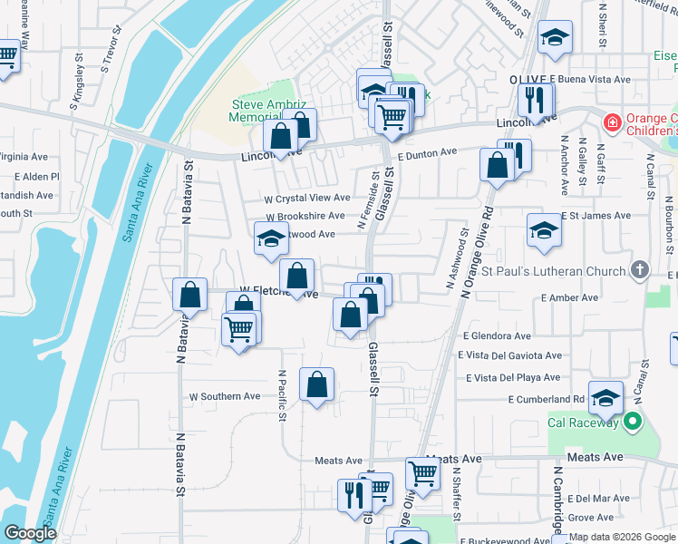 map of restaurants, bars, coffee shops, grocery stores, and more near 2554 North Glenside Circle in Orange