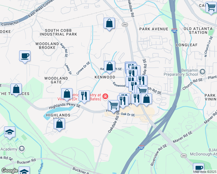 map of restaurants, bars, coffee shops, grocery stores, and more near 5080 Fairmont Road Southeast in Smyrna