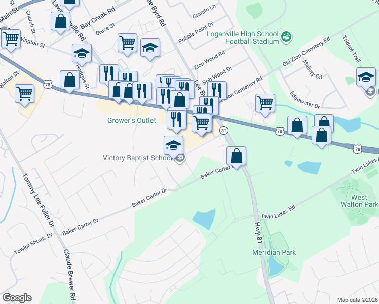 map of restaurants, bars, coffee shops, grocery stores, and more near Clark Mccullers Drive in Loganville