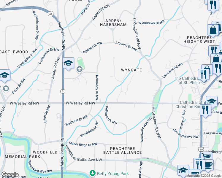 map of restaurants, bars, coffee shops, grocery stores, and more near 393 West Wesley Road Northwest in Atlanta