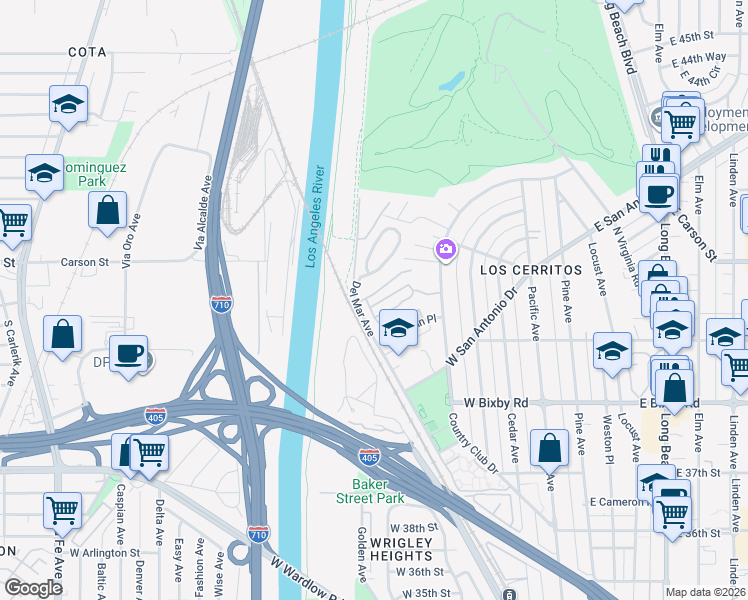 map of restaurants, bars, coffee shops, grocery stores, and more near 650 Avery Place in Long Beach