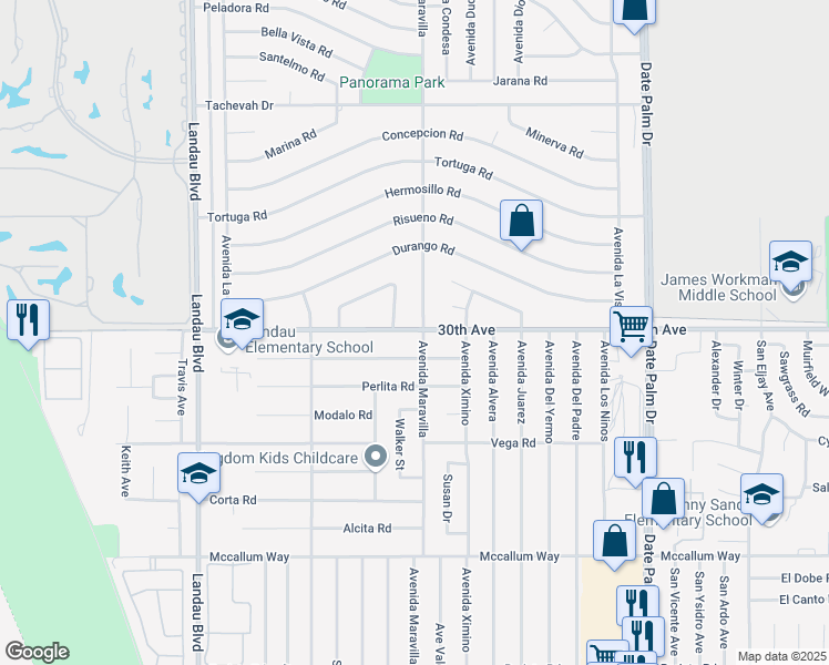 map of restaurants, bars, coffee shops, grocery stores, and more near 68445 30th Avenue in Cathedral City