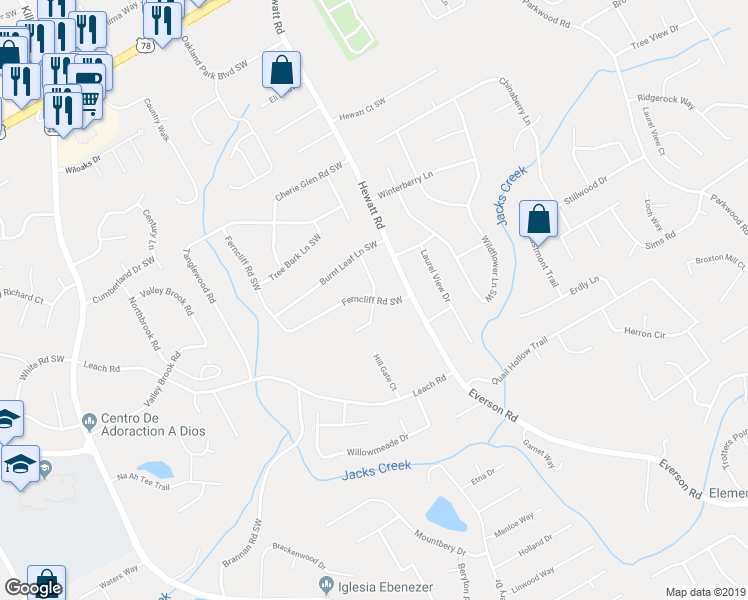 map of restaurants, bars, coffee shops, grocery stores, and more near 2555 Holly Berry Trail Southwest in Snellville