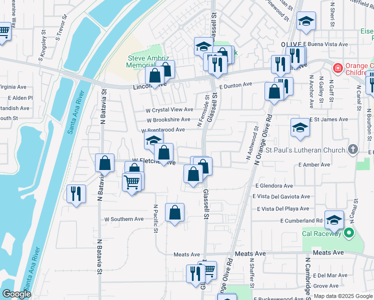 map of restaurants, bars, coffee shops, grocery stores, and more near 2554 North Glenside Circle in Orange
