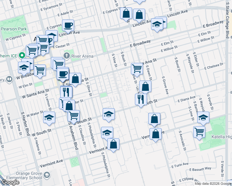 map of restaurants, bars, coffee shops, grocery stores, and more near 553 South Atchison Street in Anaheim