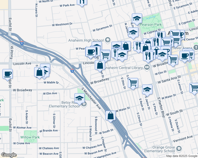 map of restaurants, bars, coffee shops, grocery stores, and more near 203 South West Street in Anaheim