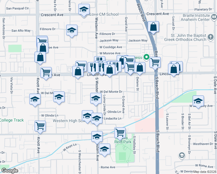 map of restaurants, bars, coffee shops, grocery stores, and more near 128 South Topanga Drive in Anaheim