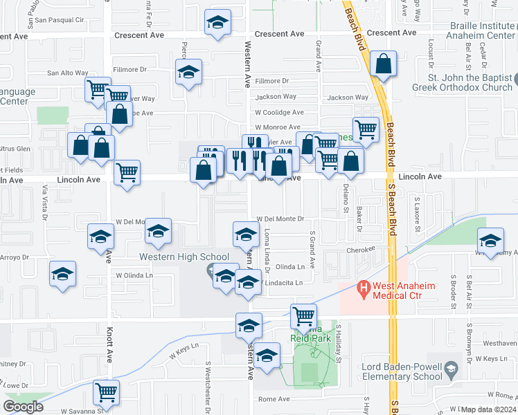 map of restaurants, bars, coffee shops, grocery stores, and more near 106 South Western Avenue in Anaheim