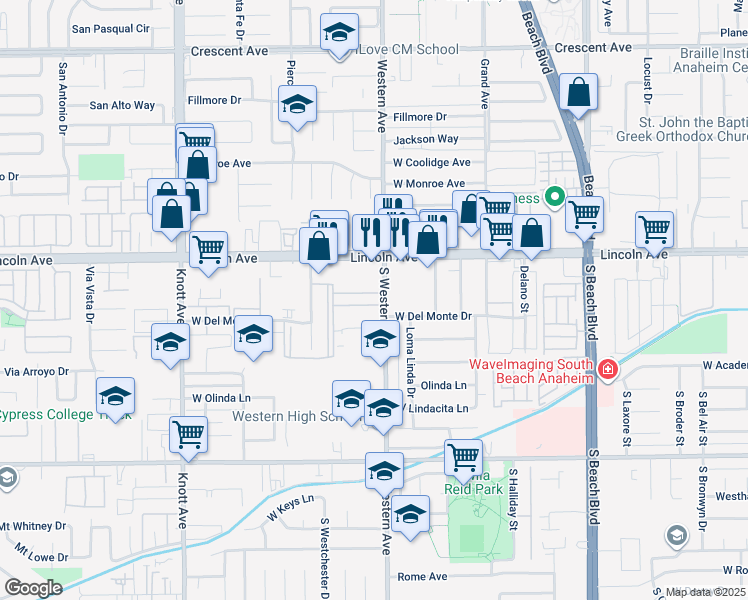 map of restaurants, bars, coffee shops, grocery stores, and more near 106 South Western Avenue in Anaheim