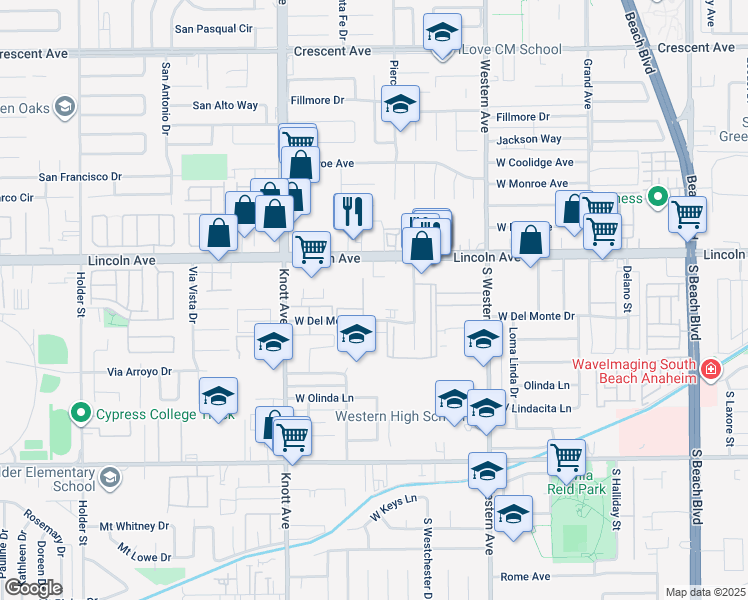 map of restaurants, bars, coffee shops, grocery stores, and more near 125 South Westchester Drive in Anaheim