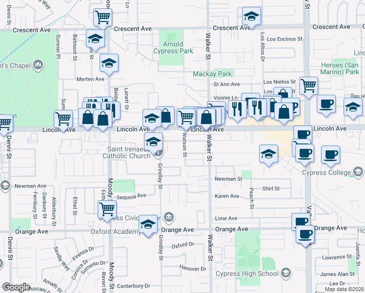 map of restaurants, bars, coffee shops, grocery stores, and more near 5341 Bishop Street in Cypress
