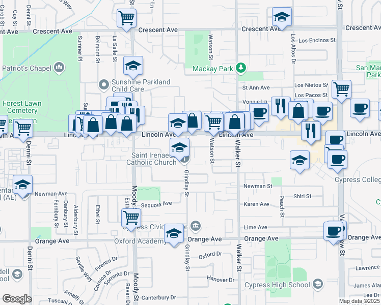 map of restaurants, bars, coffee shops, grocery stores, and more near 5251 Bishop Street in Cypress