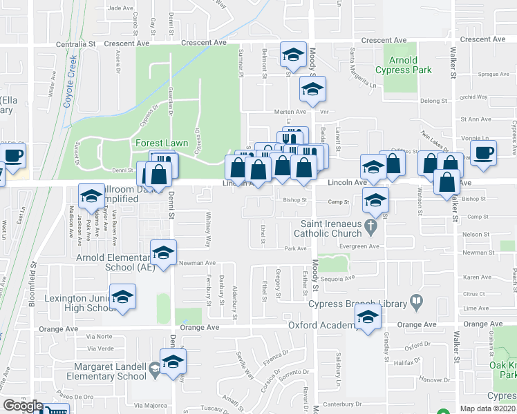 map of restaurants, bars, coffee shops, grocery stores, and more near in Cypress