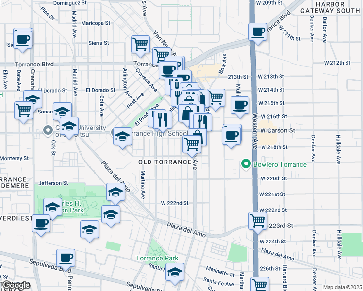 map of restaurants, bars, coffee shops, grocery stores, and more near 1716 Andreo Avenue in Torrance