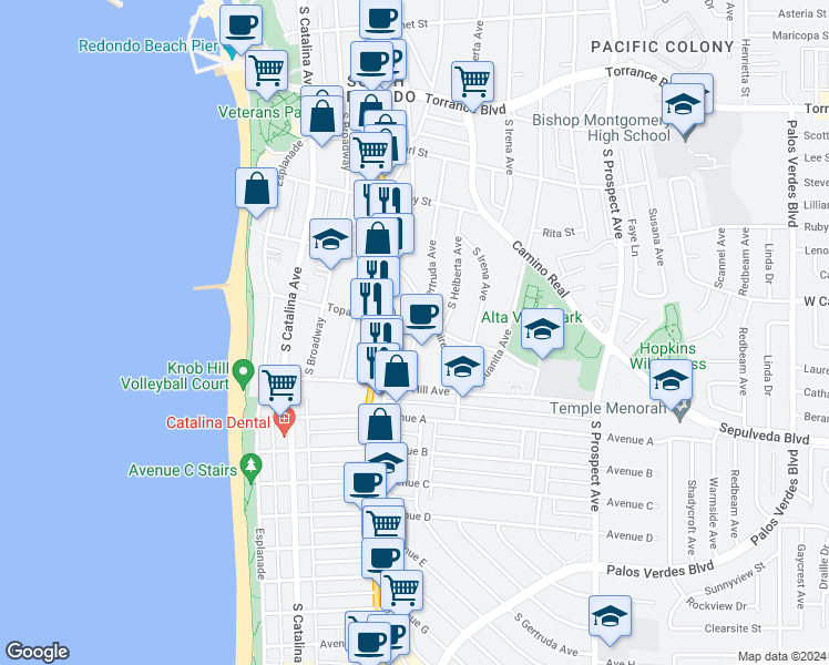 map of restaurants, bars, coffee shops, grocery stores, and more near 624 South Pacific Coast Highway in Redondo Beach