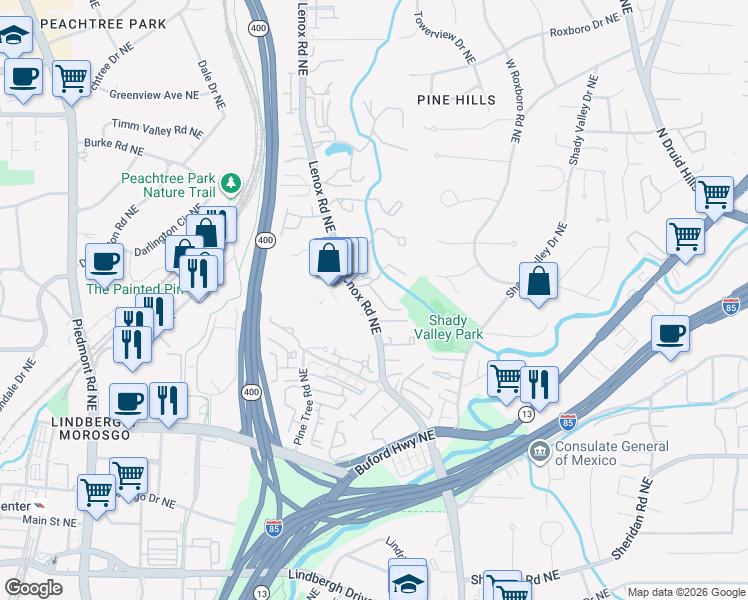 map of restaurants, bars, coffee shops, grocery stores, and more near 65 Saint Claire Lane Northeast in Atlanta