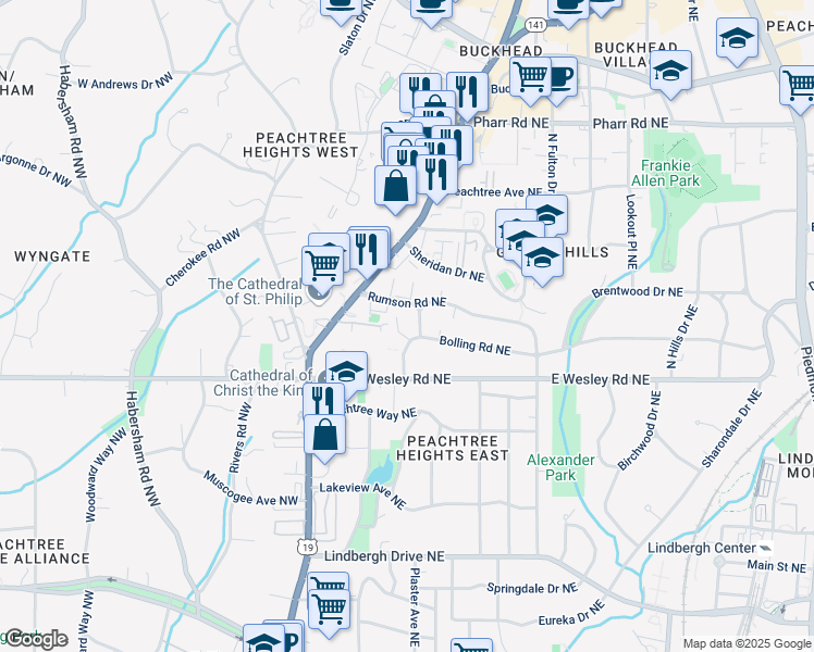 map of restaurants, bars, coffee shops, grocery stores, and more near 50 Rumson Way Northeast in Atlanta