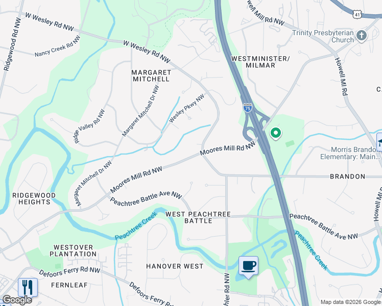 map of restaurants, bars, coffee shops, grocery stores, and more near 1360 Barron Court Northwest in Atlanta