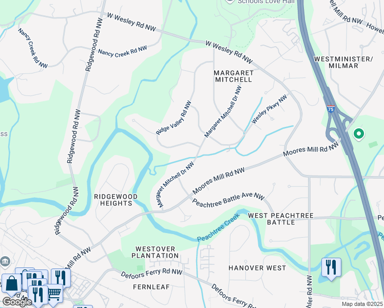 map of restaurants, bars, coffee shops, grocery stores, and more near 2740 Margaret Mitchell Drive Northwest in Atlanta