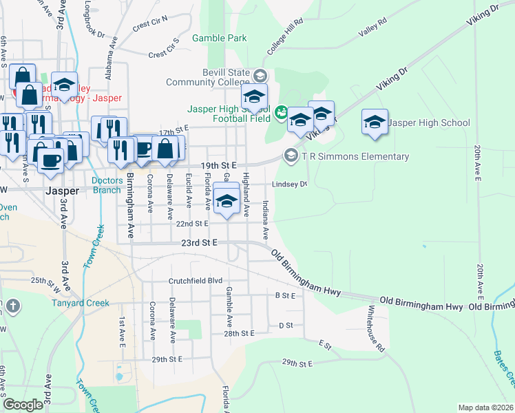 map of restaurants, bars, coffee shops, grocery stores, and more near 21st Street East in Jasper