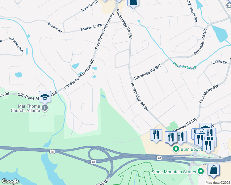 map of restaurants, bars, coffee shops, grocery stores, and more near 1551 Carlton Avenue Southwest in Stone Mountain