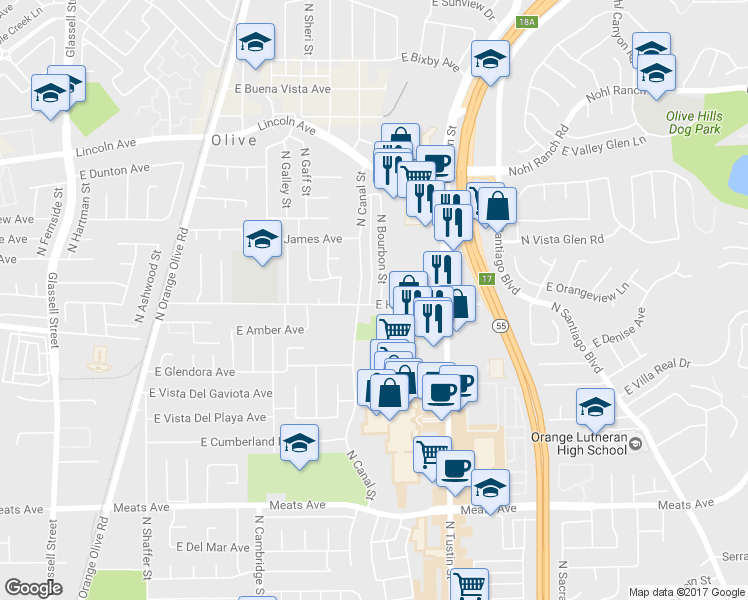 map of restaurants, bars, coffee shops, grocery stores, and more near 2504 North Bourbon Street in Orange