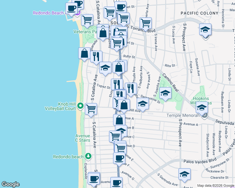 map of restaurants, bars, coffee shops, grocery stores, and more near 628 South Elvira Avenue in Redondo Beach