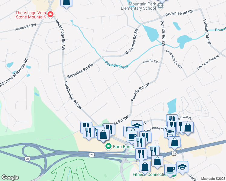 map of restaurants, bars, coffee shops, grocery stores, and more near 1674 Rhonda Lane Southwest in Stone Mountain