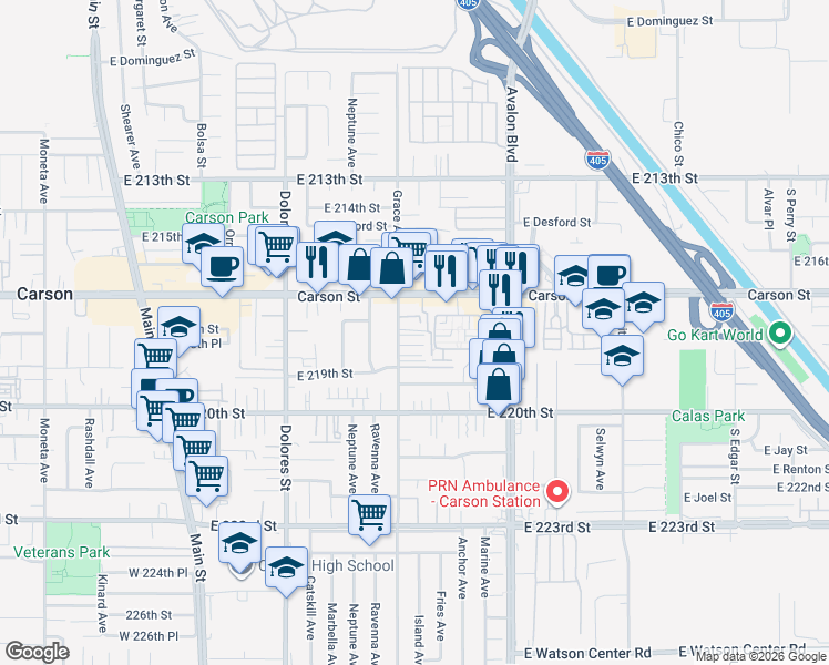 map of restaurants, bars, coffee shops, grocery stores, and more near 21746 Grace Avenue in Carson