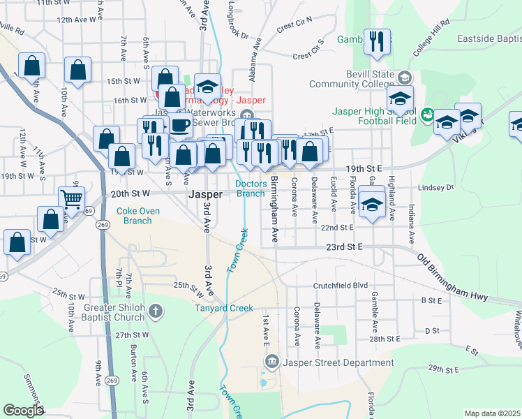 map of restaurants, bars, coffee shops, grocery stores, and more near 2100 Commerce Avenue in Jasper