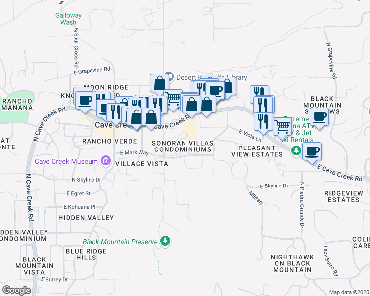 map of restaurants, bars, coffee shops, grocery stores, and more near 6434 East Military Road in Cave Creek