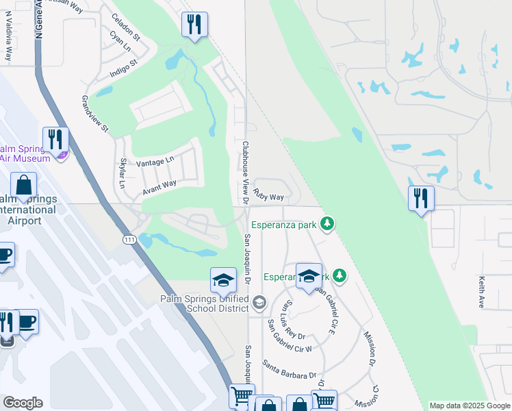 map of restaurants, bars, coffee shops, grocery stores, and more near 67025 Diamond Road in Cathedral City